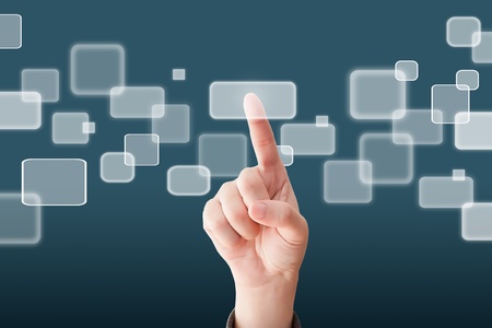 Woman hand pushing on a touch screen button interface page 