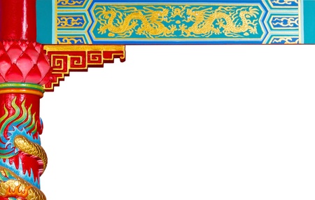 Chinese golden dragon temple painting with pillar frame isolated on white backgroundの写真素材