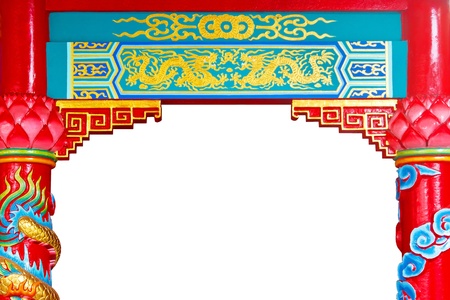 Chinese golden dragon temple painting with pillar frame isolated on white backgroundの写真素材