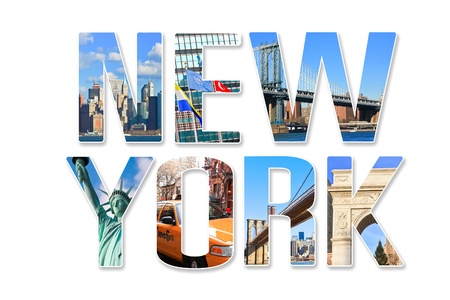 New York City themed wording collage with famous locations of New York Cityの写真素材