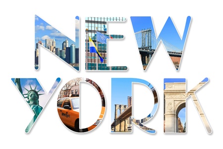 New York City themed wording collage with famous locations of New York Cityの写真素材