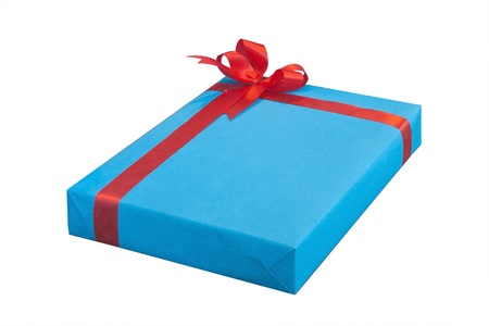 Blue present box with red ribbon isolated on white backgroundの写真素材
