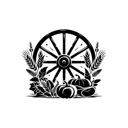 Rustic Wooden Cart with Wheat Vintage Harvest Silhouette Design for Farm Themesのイラスト素材