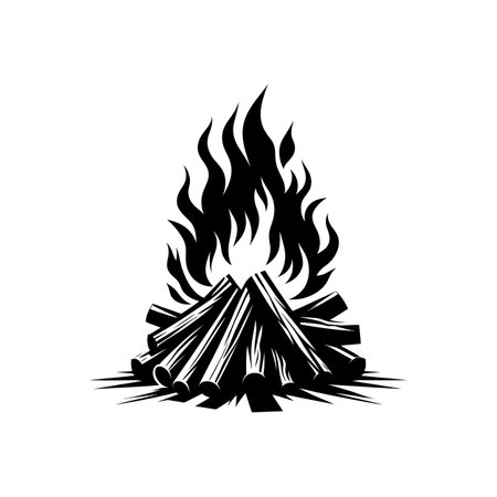 Black and White Bonfire High-Resolution Campfire Silhouette for Outdoor Design Elementsのイラスト素材