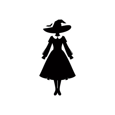 Vintage Witch Costume Silhouette - Classic Halloween Art with Bat-Decorated Hatのイラスト素材