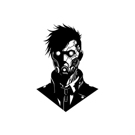 Futuristic Tech-Enhanced Character Silhouette with Cybernetic Augmentations and Sci-Fi Mask for Modern Technology and Futuristic Digital Artのイラスト素材