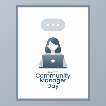 Happy Community Manager Day Illustration Featuring Female Character Working on Laptop in Minimalist Design Perfect for Online Celebrations and Social Media Content Marketing Visualのイラスト素材