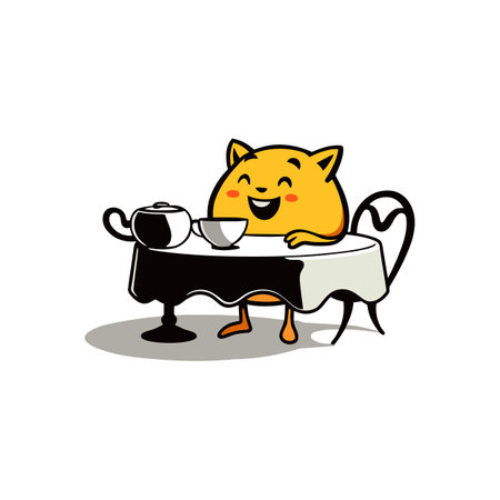 Fun Cartoon Pudding Character at a Tea Party Sitting at a Round Table Vector Artのイラスト素材