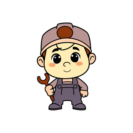 Cartoon Worker Character with Hard Hat and Overalls - Perfect Vector for Kids and Educational Designsのイラスト素材