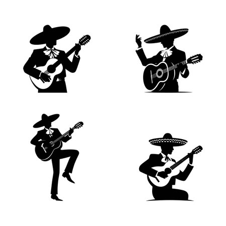 Mariachi Band Guitarist Silhouette Vector Set for Mexican Music Designsのイラスト素材