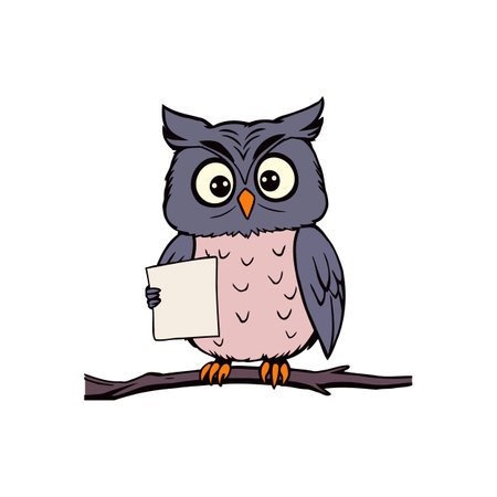 Cute Cartoon Owl Holding Blank Sign on Branch, Illustration for Messages and Announcementsのイラスト素材