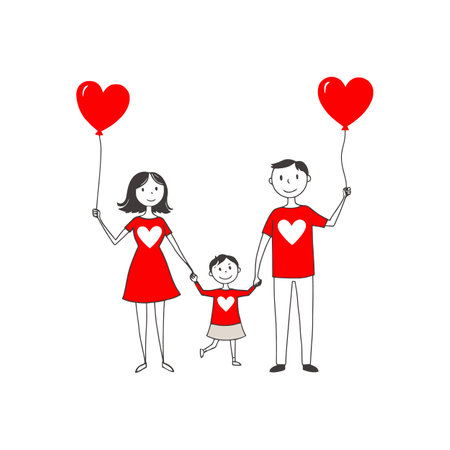 Minimalistic Family Vector Art with Heart Balloons for Greeting Cards and Postersのイラスト素材