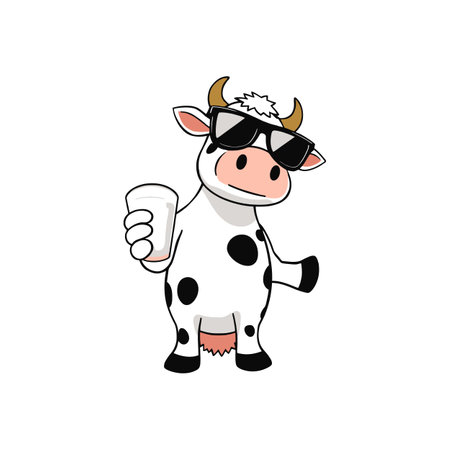 Cool Cartoon Cow with Sunglasses Holding Milk Glass for World Milk Day Celebration Decorのイラスト素材