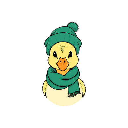 Adorable Yellow Duckling Wearing a Green Knitted Hat and Cozy Scarf Vector Illustration for Kids Bedroom Wall Art and Cute Animal Themed Designsのイラスト素材