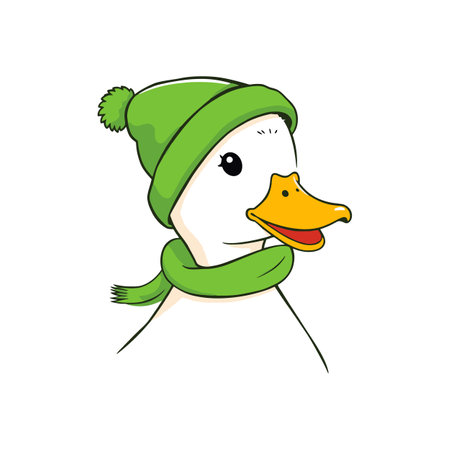 Cute Cartoon Baby Duck with Big Eyes in a Green Winter Hat and Warm Scarf Isolated on White Background Perfect for Childrens Books and Apparelのイラスト素材
