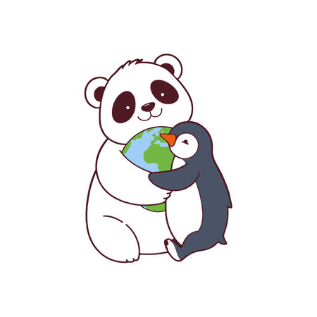 Cute Panda and Penguin Hugging Earth for Global Wildlife Conservation Illustrationのイラスト素材