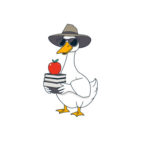 Cartoon Goose Student Enjoying Summer With Hat Sunglasses Books and Appleのイラスト素材