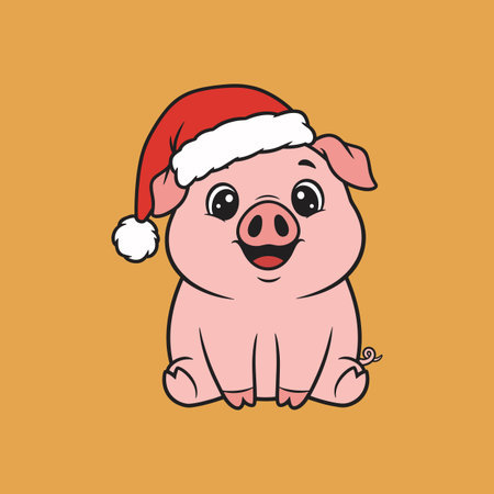 Cute Christmas Pig Cartoon Wearing Santa Hat on Yellow Background Perfect for Holiday Greeting Cards and Festive Kids Contentのイラスト素材