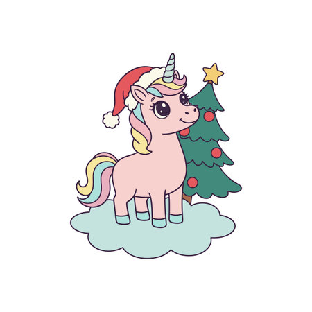 Cute Christmas Unicorn with Rainbow Mane and Santa Hat Standing on Cloud Beside Decorated Tree Perfect for Holiday Kids Contentのイラスト素材