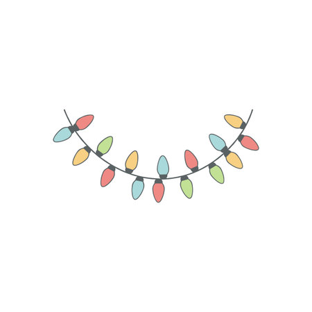 Colorful Christmas String Lights in Red Blue Green and Yellow on Dark Wire Perfect for Holiday Decorations and Festive Design Projectsのイラスト素材