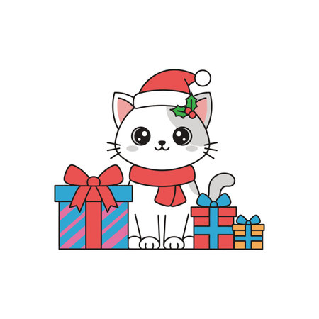Cute Christmas Cat Wearing Santa Hat and Red Scarf Sitting with Colorful Gift Boxes Perfect for Holiday Greeting Cards and Kids Designsのイラスト素材
