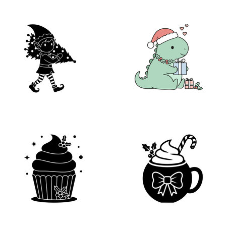 Whimsical Christmas Set Featuring Elf with Tree Dinosaur with Gifts Festive Cupcake and Holiday Mug Perfect for Seasonal Crafts and Greeting Cardsのイラスト素材