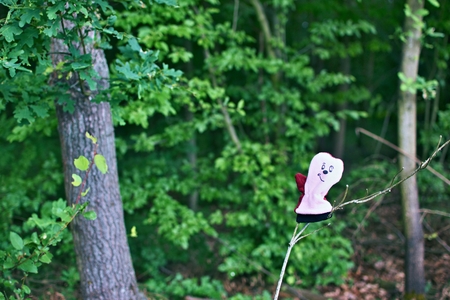 Fun picture of a pink glove with a drawn face hung on a branch in a forestの写真素材