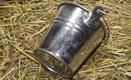 bucket on dry grass as backgroundの写真素材