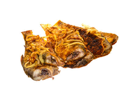 fried fish meat isolated on white backgroundの写真素材