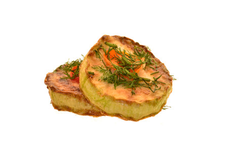 fried zucchini isolated on white backgroundの写真素材