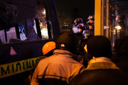 KIEV, UKRAINE - January 24, 2014: Mass anti-government protests in the center of the Ukrainian...