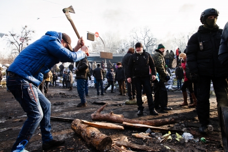 KIEV, UKRAINE - January 26, 2014: Mass anti-government protests in the center of Kiev. Euromaidan...