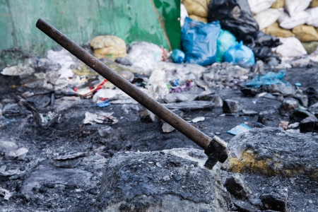 KIEV, UKRAINE - January 26, 2014: Mass anti-government protests in the center of Kiev. Chaos and devastation on Hrushevskoho St.のeditorial素材