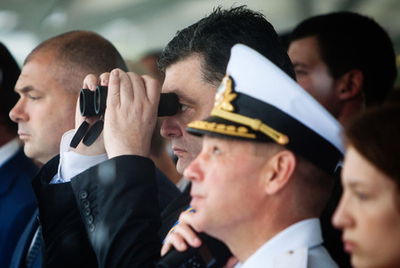 ODESSA, UKRAINE - Aug 24, 2014: President of Ukraine Petro Poroshenko watching the naval parade during the celebration of the 23rd anniversary of the Independence of Ukraineのeditorial素材
