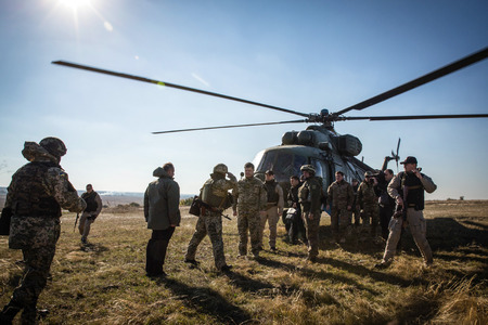 DONETSK REGION, UKRAINE - Oct 10, 2014: President of Ukraine Petro Poroshenko inspected the...