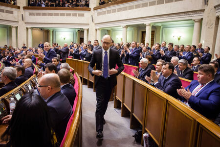 KIEV, UKRAINE - NOV 27, 2014: Ukrainian Prime Minister Arseniy Yatsenyuk at the opening of the first session of the Verkhovna Rada of Ukraine VIII convocationのeditorial素材