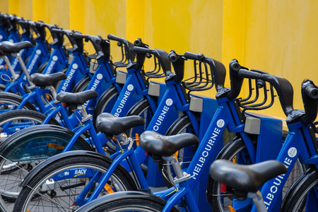 MELBOURNE, AUSTRALIA - DECEMBER 10, 2014: Melbourne Bike Share is a bicycle sharing system that serves the central business district of Melbourne, Australia.のeditorial素材