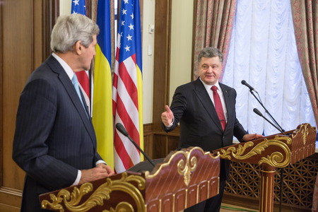 KIEV, UKRAINE - Feb 5, 2015: President of Ukraine Petro Poroshenko and US Secretary of State John Kerry during a joint press conference in Kievのeditorial素材