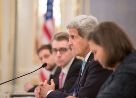 KIEV, UKRAINE - Feb 5, 2015: Meeting of US Secretary of State John Kerry and President of Ukraine Poroshenko in Kievのeditorial素材