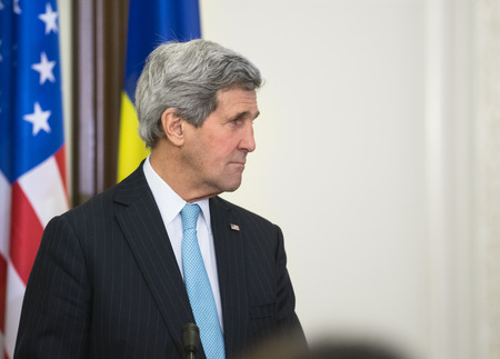KIEV, UKRAINE - Feb 5, 2015: US Secretary of State John Kerry during a joint press conference with President of Ukraine Petro Poroshenko in Kievのeditorial素材