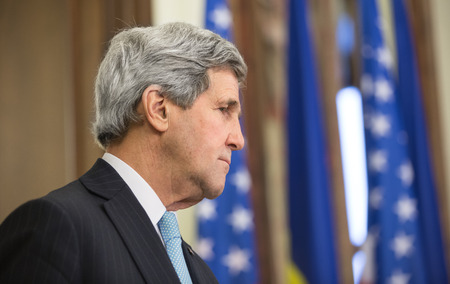 KIEV, UKRAINE - Feb 5, 2015: US Secretary of State John Kerry during a joint press conference with President of Ukraine Petro Poroshenko in Kievのeditorial素材