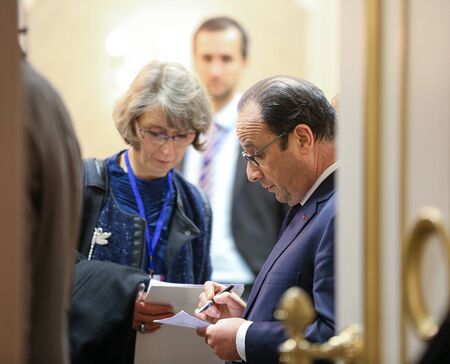 MINSK, BELARUS - Feb 12, 2015: French President Francois Hollande after negotiations of leaders of Norman format in Minskのeditorial素材