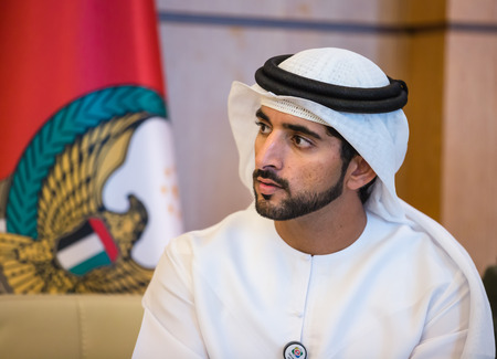 ABU DHABI, UNITED ARAB EMIRATES - Feb 24, 2015: Crown Prince of Dubai Hamdan bin Mohammed Al Maktoum during a meeting with the President of Ukraine Petro Poroshenkoのeditorial素材