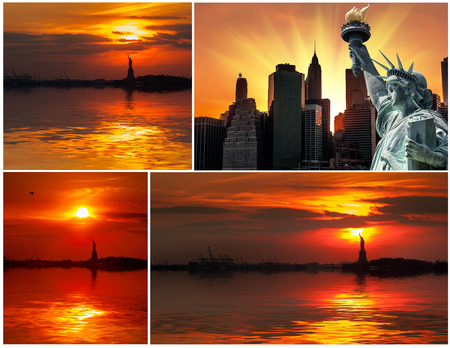 The Statue of Liberty and the setting sun. Set of 4 imagesの写真素材