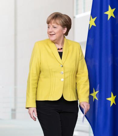 BERLIN, GERMANY - Mar. 16, 2015: Chancellor of the Federal Republic of Germany Angela Merkel before a joint briefing with President of Ukraine Petro Poroshenko in Berlinのeditorial素材