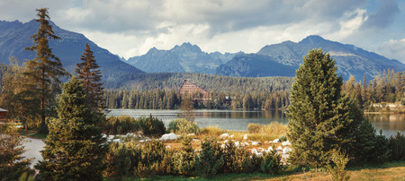 High resolution panorama of mountain lake in National Park High Tatra. Strbske pleso, Slovakia, Europeのeditorial素材