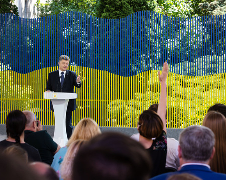 KIEV, UKRAINE - Jun 05, 2015: Press conference of the President of Ukraine Petro Poroshenko on the occasion of the annual address to  Verkhovna Rada of Ukraine "On the internal and external situation"のeditorial素材
