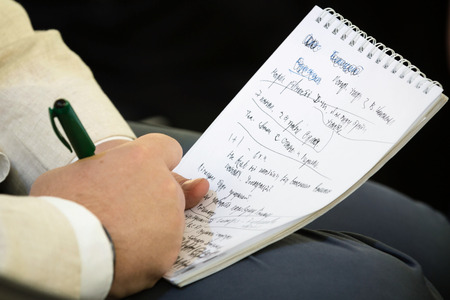 KIEV, UKRAINE - Jun 05, 2015: Press conference of the President of Ukraine Petro Poroshenko on the occasion of the annual address to  Verkhovna Rada of Ukraine "On the internal and external situation"のeditorial素材