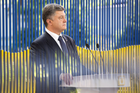 KIEV, UKRAINE - Jun 05, 2015: Press conference of the President of Ukraine Petro Poroshenko on the occasion of the annual address to  Verkhovna Rada of Ukraine "On the internal and external situation"のeditorial素材