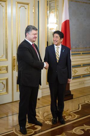 KIEV, UKRAINE - Jun 06, 2015: Japanese Prime Minister Shinzo Abe during his meeting with President of Ukraine Petro Poroshenko in Kievのeditorial素材
